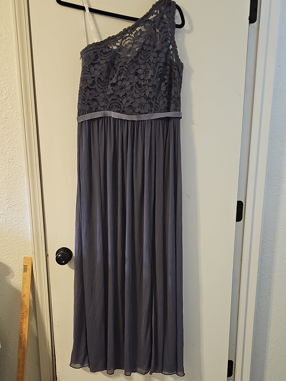David's Bridal Gray Slate Pewter One Shoulder Lace Maxi Bridesmaid Dress Size 12